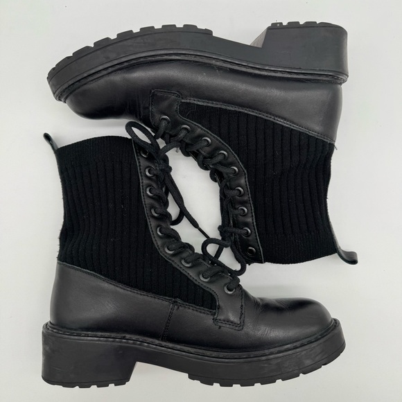 Steve Madden Veeta Black Leather Knit Lace Up Combat Boot Size 7 M - Picture 2 of 11